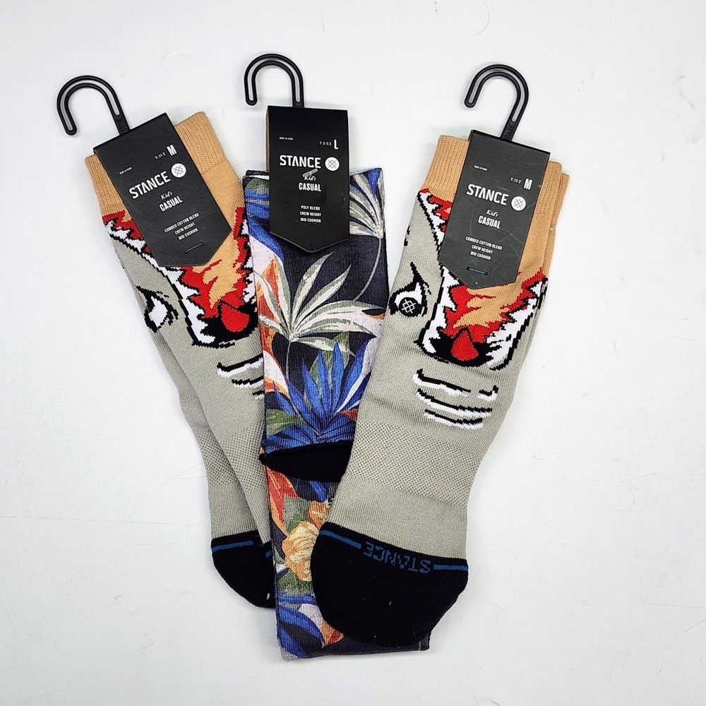 Stance Kids Casual‎ Crew Socks Tiger Floral Print Mid Cushion Youth M Pack of 3